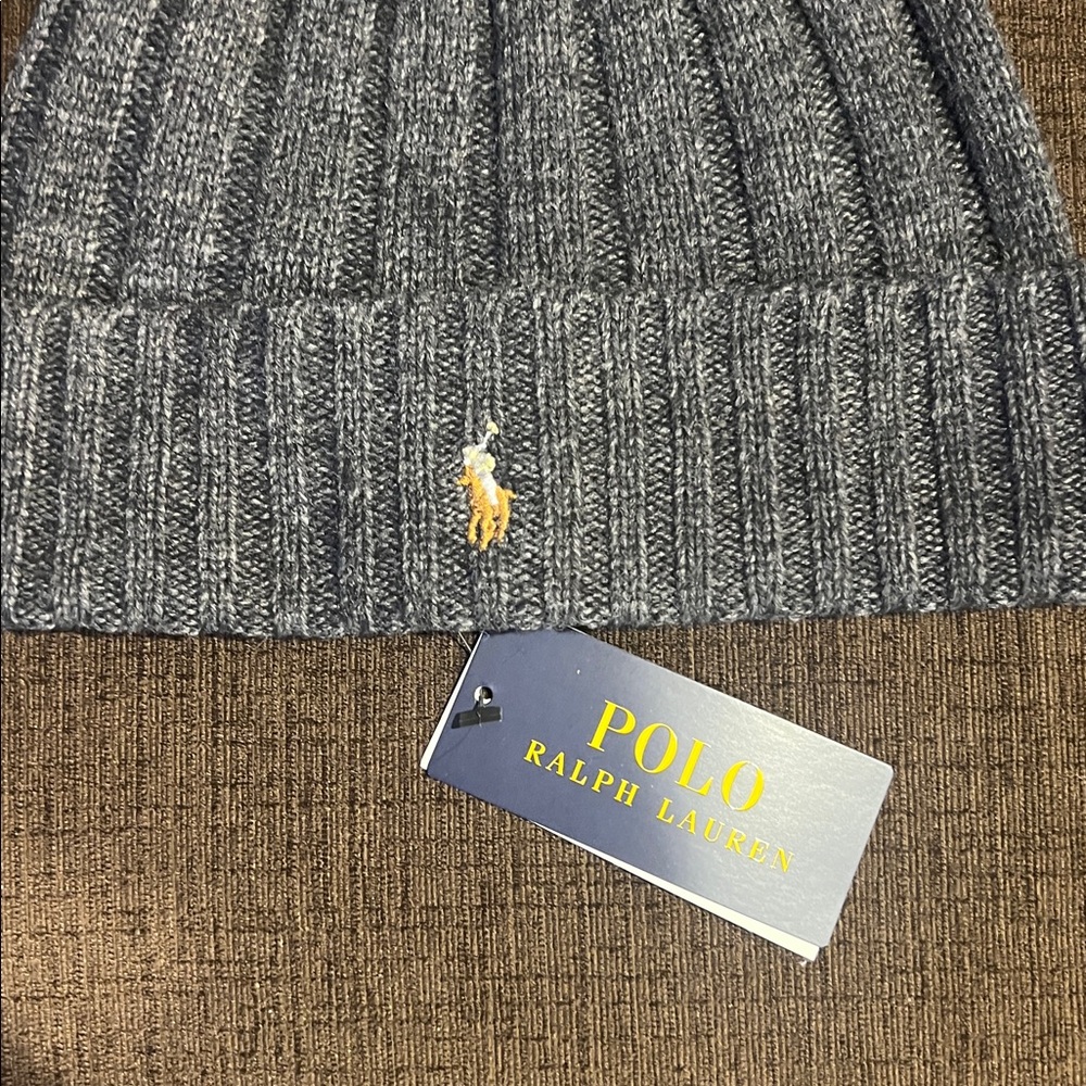 Polo by Ralph Lauren Gray Ribbed Knit Cuffed Beanie with Embroidered Pony - Picture 2 of 7
